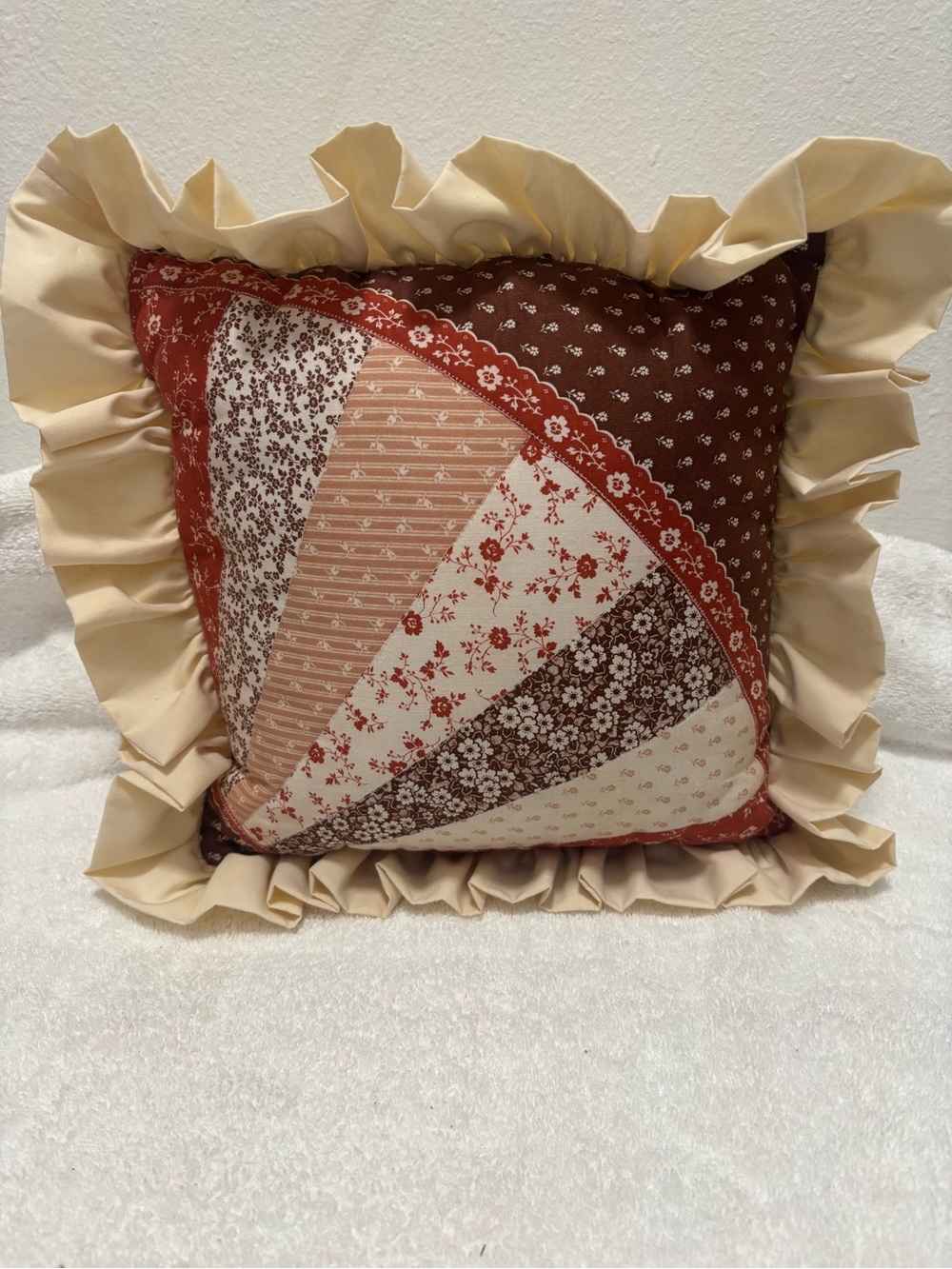 Handmade Patchwork Ruffled Throw Pillow - Cream and Brown